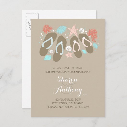 Schattigee teenslippers strand bruiloft save the d aankondigingskaart (Voorkant / Achterkant)