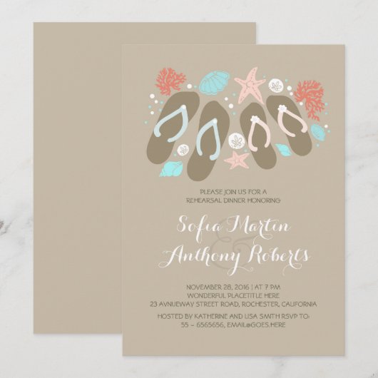 Schattigee teenslippers strand repetitie uitnodigi kaart (Voorkant / Achterkant)