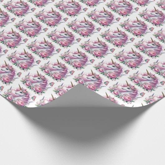 Schattigee tegelmeisjes eenhoorn feest cadeaupapier (Hoek)