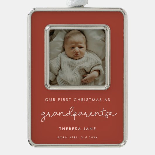 Schattigee terracotta eerste kerst als grootouders verzilverd omlijst ornament (Voorkant)