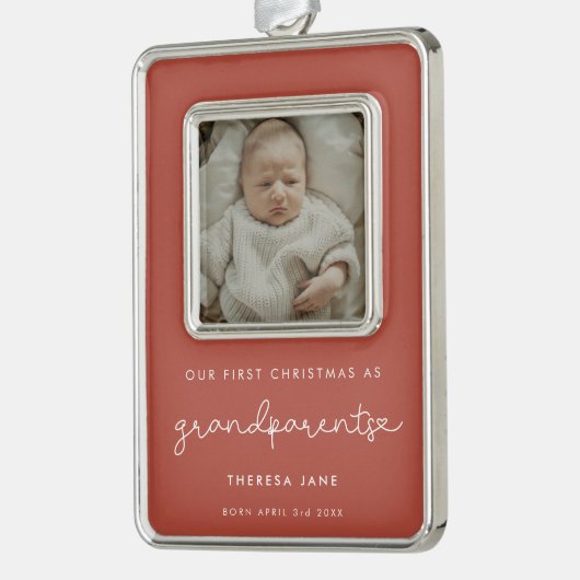 Schattigee terracotta eerste kerst als grootouders verzilverd omlijst ornament (Links)