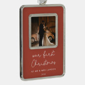 Schattigee terracotta onze eerste kerstfoto verzilverd omlijst ornament (Rechts)