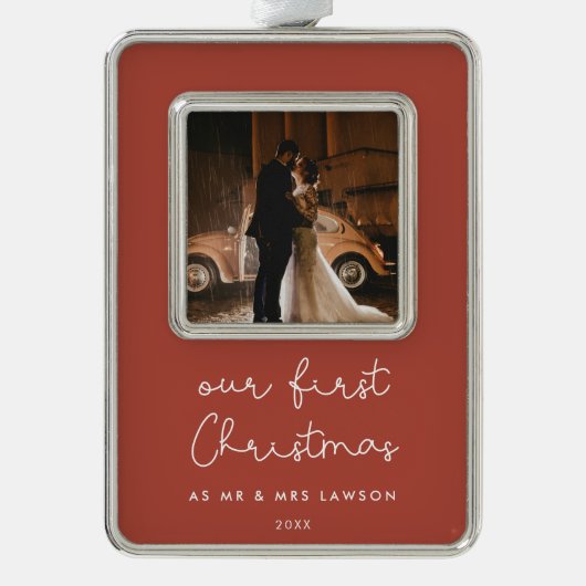 Schattigee terracotta onze eerste kerstfoto verzilverd omlijst ornament (Voorkant)