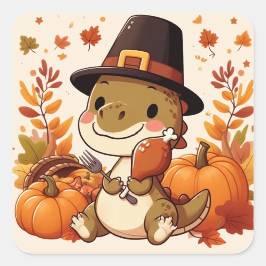 Schattigee Thanksgiving Dinosaurus Vierkante Sticker (Voorkant)