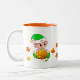 Schattigee Thanksgiving Elf met pompoen & herfstbl Tweekleurige Koffiemok