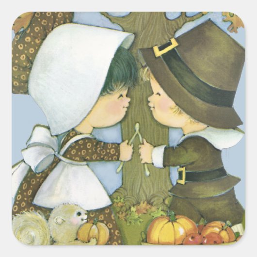 Schattigee Thanksgiving Pilgrim wensen Vierkante Sticker (Voorkant)