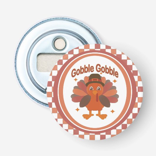 Schattigee Thanksgiving Turkije Cartoon - "Gobble  Button Flesopener (Voorkant)