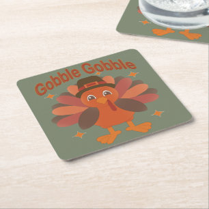 Schattigee Thanksgiving Turkije Cartoon - "Gobble  Kartonnen Onderzetters