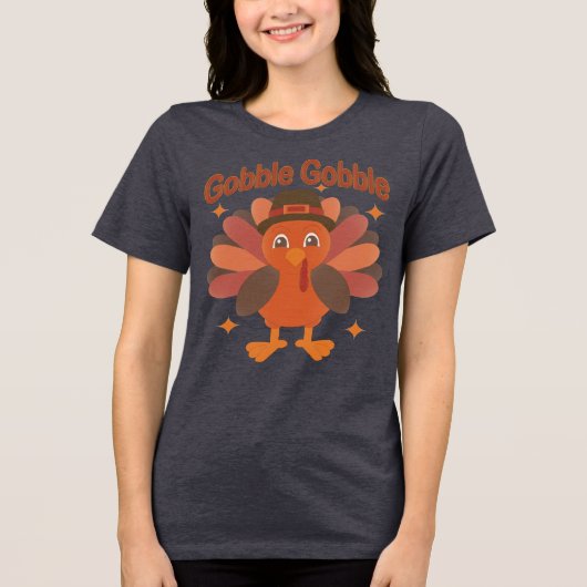Schattigee Thanksgiving Turkije Cartoon - "Gobble Tri-Blend Shirt (Voorkant)