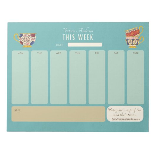 Schattigee theedrinker Gepersonaliseerde Wekelijks Notitieblok (Voorkant)