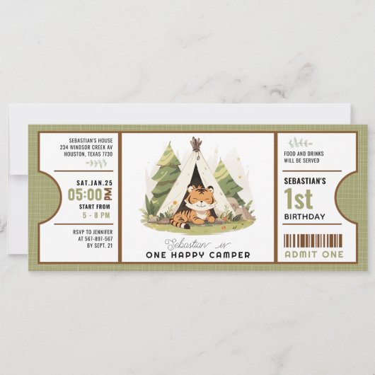 Schattigee Tiger One Happy Camper 1e verjaardag Kaart (Voorkant)