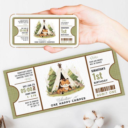 Schattigee Tiger One Happy Camper 1e verjaardag Kaart