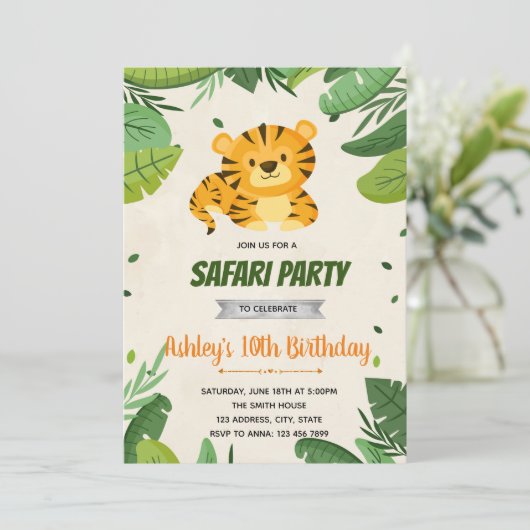 Schattigee Tiger verjaardagsfeestuitnodiging Kaart (Staand voorkant)