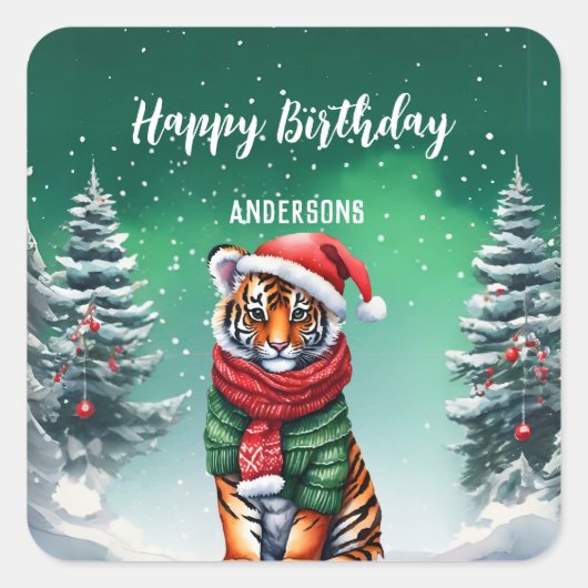 Schattigee Tiger Zoo Kerstboom Verjaardagsfeest Me Vierkante Sticker (Voorkant)