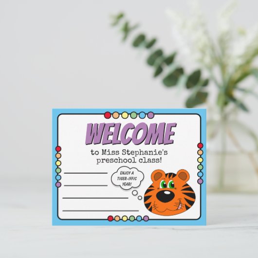 Schattigee tijger en regenboog kleuterschool welko briefkaart (Staand voorkant)
