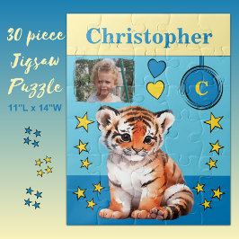 Schattigee tijger fotonaam blauw geel kinder legpuzzel
