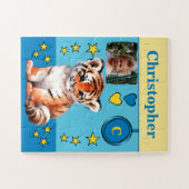 Schattigee tijger fotonaam blauw geel kinder legpuzzel (Horizontaal)