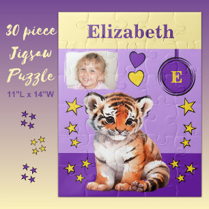 Schattigee tijger fotonaam paarse geel kinder legpuzzel