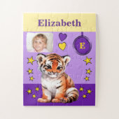 Schattigee tijger fotonaam paarse geel kinder legpuzzel (Verticaal)
