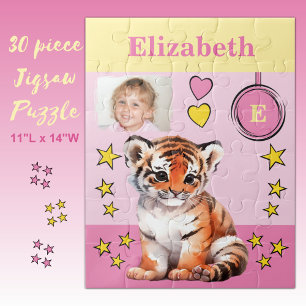 Schattigee tijger fotonaam roze geel kinder legpuzzel