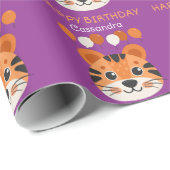 Schattigee Tijger Gezichtsballon Naam Paarse Kinde Cadeaupapier (Rol Hoek)