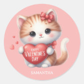 Schattigee Tijger Kat Rood Hart Gelukkige Valentij Ronde Sticker (Voorkant)