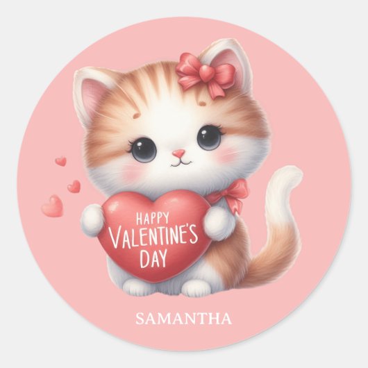 Schattigee Tijger Kat Rood Hart Gelukkige Valentij Ronde Sticker (Voorkant)