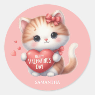 Schattigee Tijger Kat Rood Hart Gelukkige Valentij Ronde Sticker