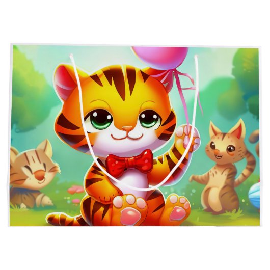 Schattigee tijger met ballonillustratie groot cadeauzakje (Achterkant)