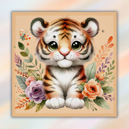 Schattigee tijger met bloesems voor kinderen | perfect poster