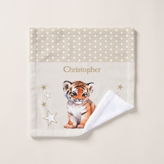 Schattigee tijger Naam toevoegen Polka Dots Stars  Washandje (Wasdoekje)