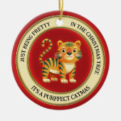 Schattigee tijgerkat geïllustreerd met kerst keramisch ornament (Voorkant)