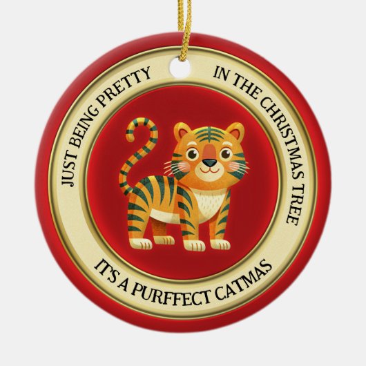 Schattigee tijgerkat geïllustreerd met kerst keramisch ornament (Voorkant)