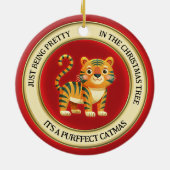 Schattigee tijgerkat geïllustreerd met kerst keramisch ornament (Achterkant)