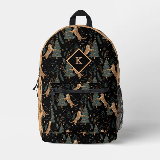 Schattigee tijgers en kerstbomen op zwart en beige bedrukte rugzak (Voorkant)