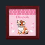 Schattigee tijgersterren Voeg naam roze aandenken  Cadeaudoosje<br><div class="desc">Keepsake Gift Box voor kinderen. Personaliseer met een naam. Met een schattige tijger,  stippen en sterren met de kleuren roze en wit.</div>