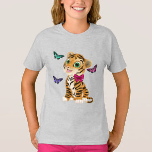 Schattigee tijgerwelp met roze strik & vlinders t-shirt