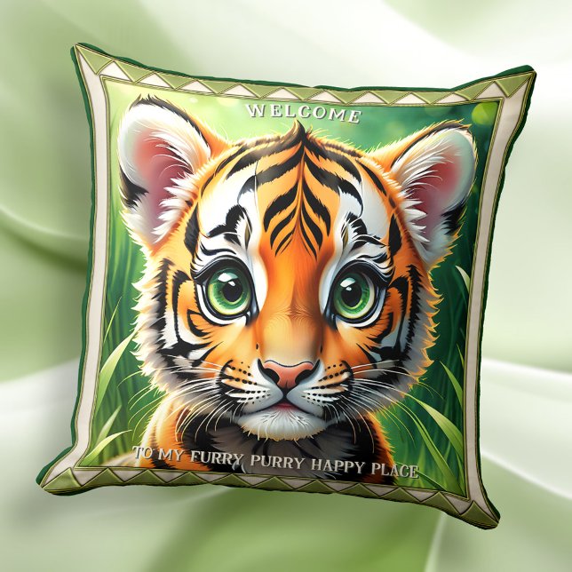 Schattigee tijgerwelpkat houdt van dierenkunst kussen (Pillow featuring a painting of a cute tiger cub. Lovely for a child's room.)