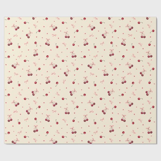 Schattigee Tiny Pink Red Cherries Hearts Bows Crea Cadeaupapier (Vlak)