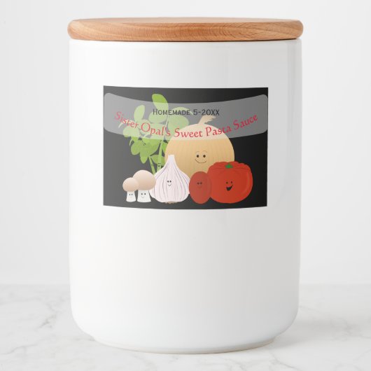 Schattigee tomatensaus voedselcontainer etiket (Voorkant)