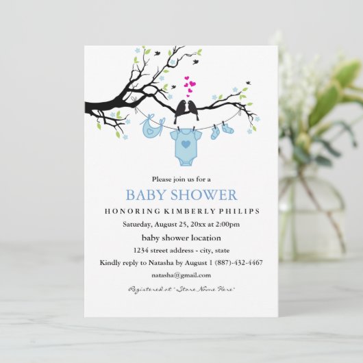 Schattigee Tortelduifjes Boy Baby shower Uitnodigi Kaart (Staand voorkant)