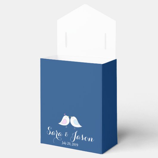 Schattigee Tortelduifjes op Navy Blue Wedding Bedankdoosjes (Geopend)