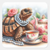 Schattigee Tortoise Tea Party Vierkante Sticker (Voorkant)