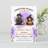 Schattigee Tovenaar en Heks Twin Halloween Verjaar Kaart (Staand voorkant)