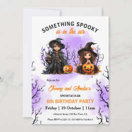 Schattigee Tovenaar en Heks Twin Halloween Verjaar Kaart