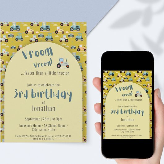 Schattigee Tractor boer 3e verjaardag geel Uitnodi Kaart