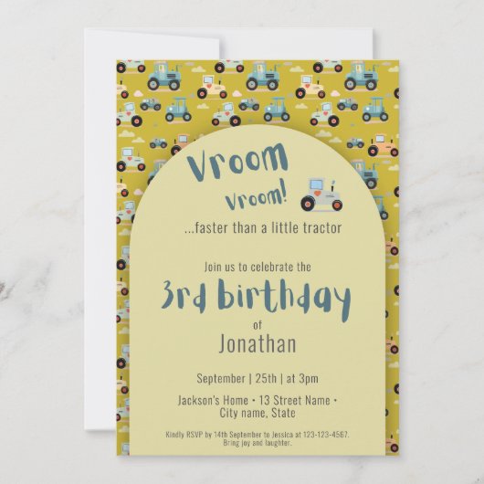 Schattigee Tractor boer 3e verjaardag geel Uitnodi Kaart (Voorkant)