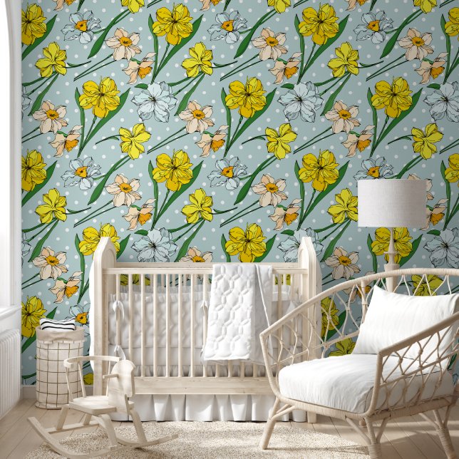 Schattigee trendy retro Elegante inktkunst bloemen Behang (Kinderen)