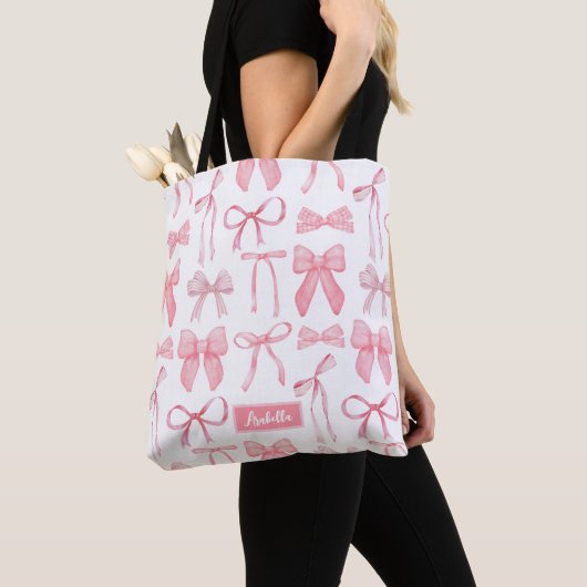 Schattigee trendy roze strik esthetische print coq tote bag (Dichtbij)