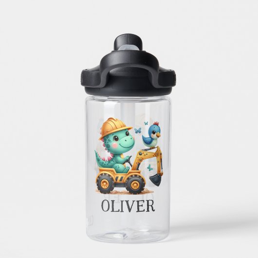 Schattigee Trex Dinosaurus Rijden Een Bouwvoertuig Waterfles (Achterkant)